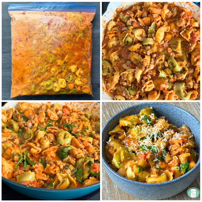 collage images of tortellini and sauce in freezer bag, tortellini and sauce/sausage in white bowl, tortellini with sauce/spinach in blue bowl, tortellini with sauce, sausage and spinach with parmesan in blue bowl.