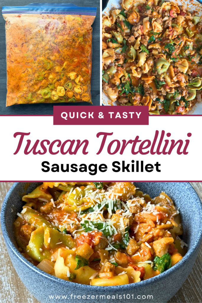 green and white tortellini with red sauce, sausage, spinach in clear bag, in white bowl, in blue bowl with parmesan cheese