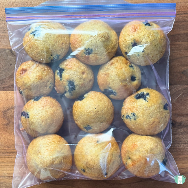 Blueberry muffins in plastic freezer bag.