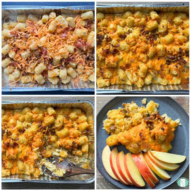 Photo Collage of Breakfast Tater Tots mixed in casserole dish, then baked. baked with wooden spoon dishing out, served on blue plate with apple slices.