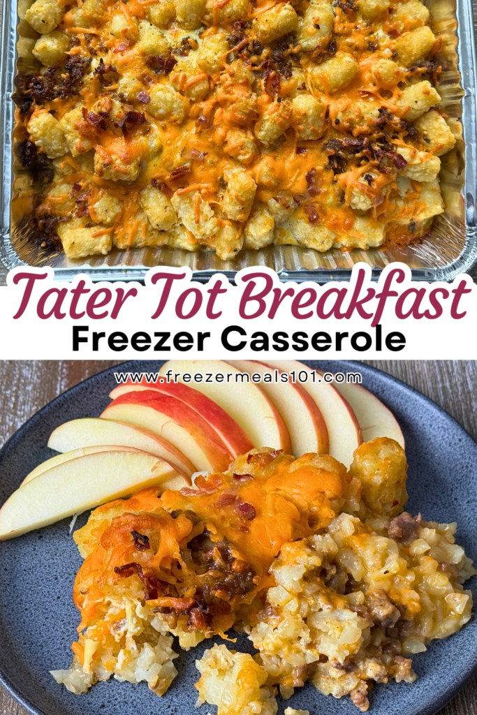 Tater Tots melted cheese sprinkled with bacon and breakfast sausages, plated casserole with sliced apples