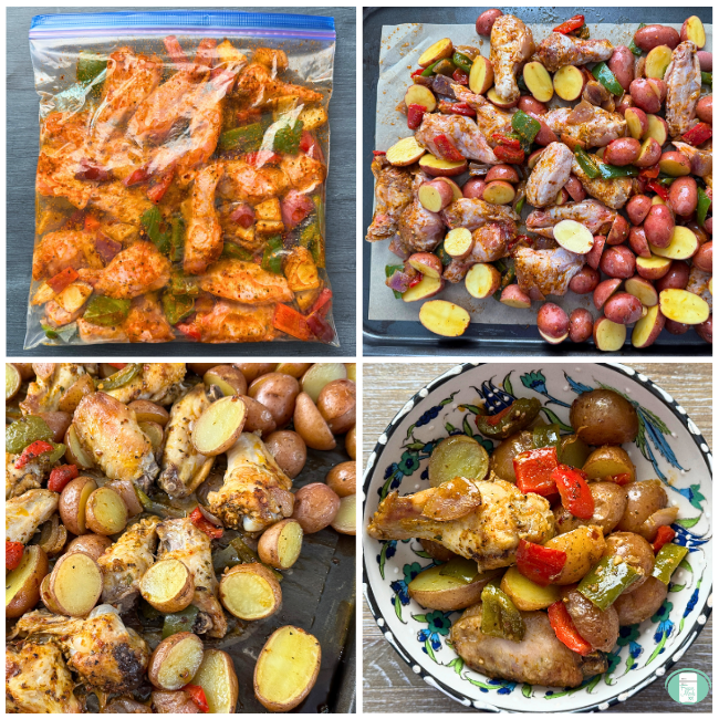 Photo collage of Cajun roast chicken with vegetables in sauce in plastic freezer bag, raw chicken, potatoes and vegetables, cooked chicken, potatoes and vegetables, Cajun chicken meal in blue and white bowl. 