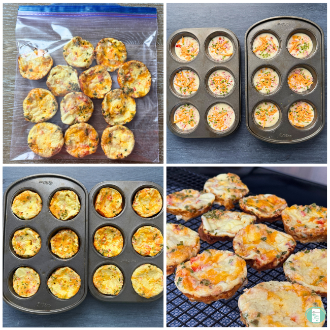 Cottage cheese egg bites in freezer bag, cottage cheese egg bites batter in muffin tins, cooked egg bites in muffin tins, cooked egg bites on cooling rack. 