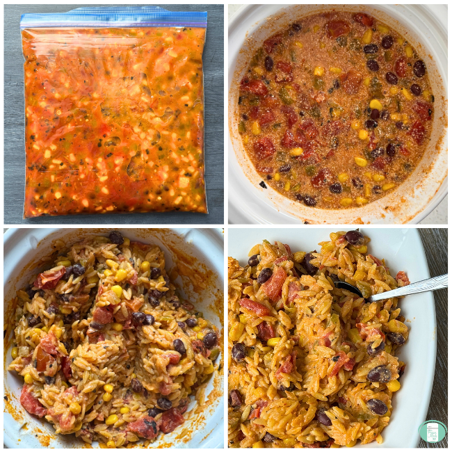 Photo collage of Enchilada Orzo dish in freezer bag, in slow cooker while cooking, in slow cooker, in white bowl.
