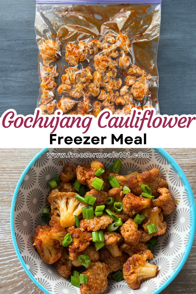 Cauliflower pieces with sauce in freezer bag. Cauliflower in sauce in bowl sprinkled with green onions.