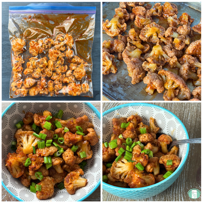 Photo collage of cauliflower bites in sauce in freezer bag, cauliflower in sauce on baking sheet, cauliflower in bowl with green onions, cauliflower in blue bowl with green onions and spoon.