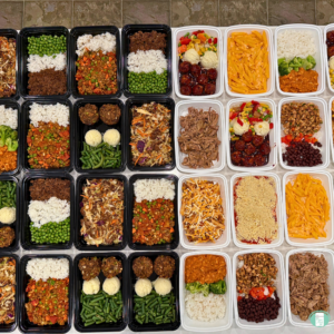 kitchen island covered in individual TV dinners