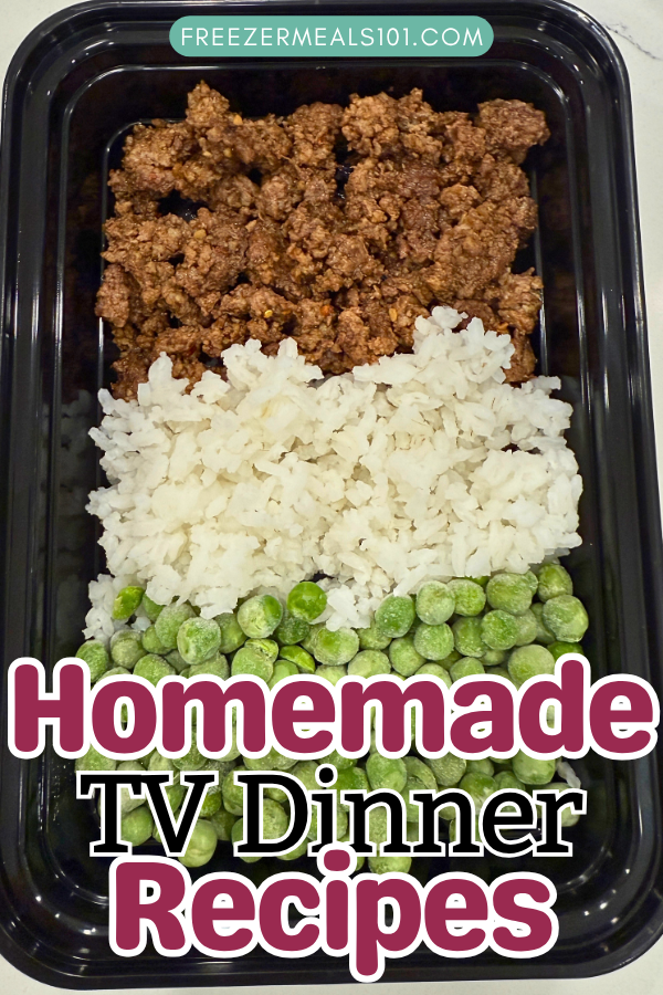 seasoned ground beef with rice and frozen peas in a container