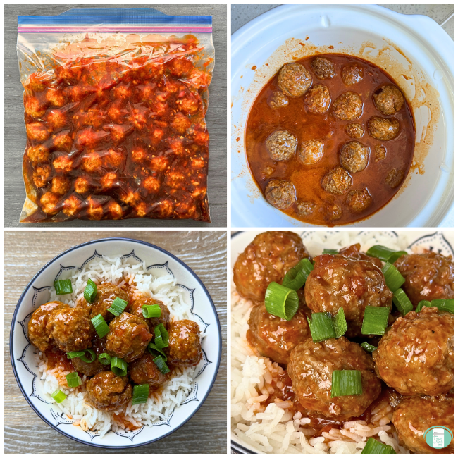 Meatballs with sauce in freezer bag, cooked meatballs and sauce with rice, green onions in white and blue dish, close-up of cooked meatballs and sauce on rice with green onions.