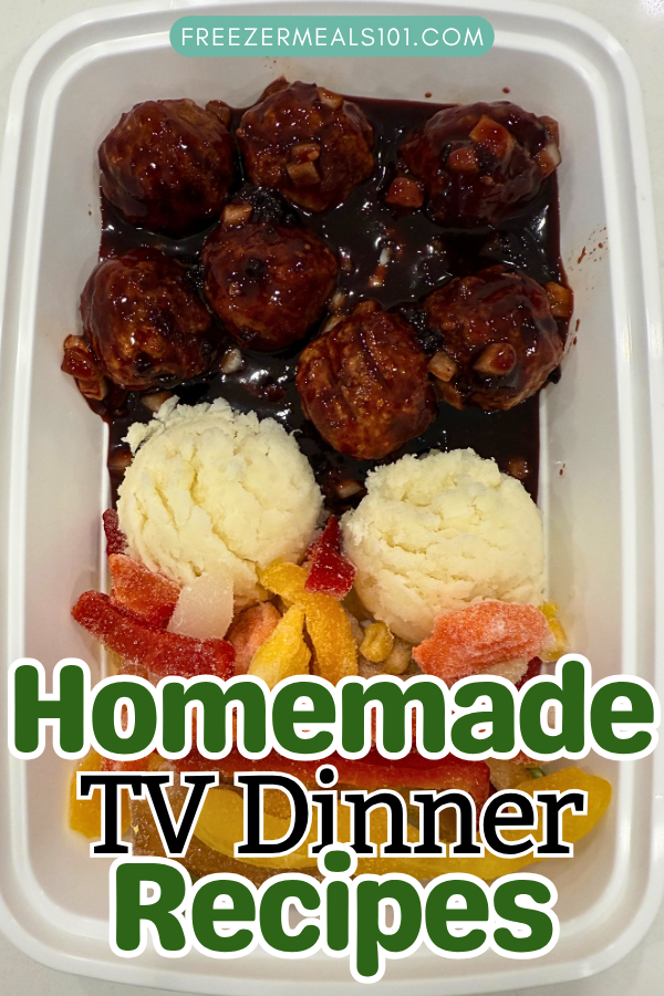 meatballs in a deep red sauce next to two scoops of mashed potatoes and frozen vegetables in a container
