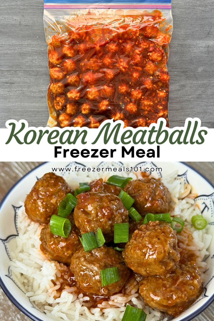 Meatballs with sauce in freezer bag, meatballs and sauce with rice and green onions in blue and white bowl.