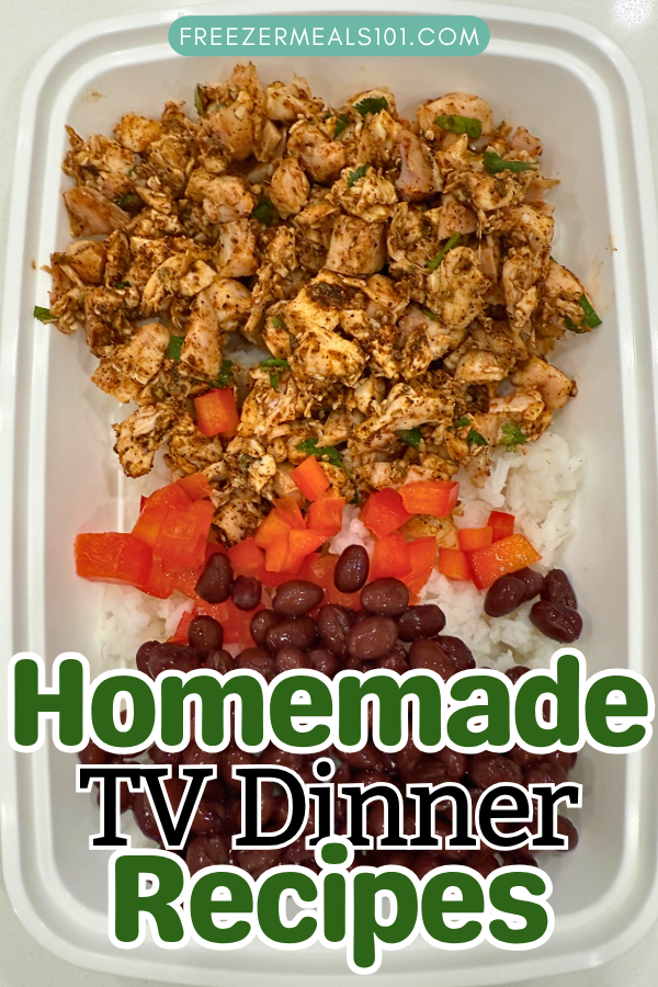 cubed chicken with seasoning and cilantro with rice, diced red pepper, and black beans in a container