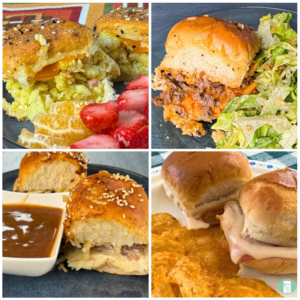 four photos of different sliders including breakfast sliders, cheeseburger sliders, french dip sliders, and turkey sliders