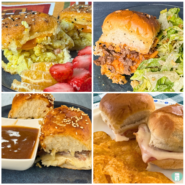 four photos of different sliders including breakfast sliders, cheeseburger sliders, french dip sliders, and turkey sliders