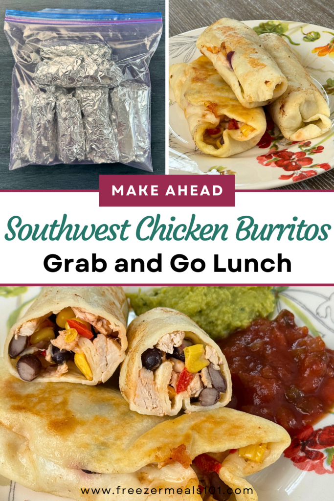 Burritos wrapped in foil in a freezer bag, baked burritos on plate, cut burritos with chicken, corn and beans with guacamole and salsa on plate.