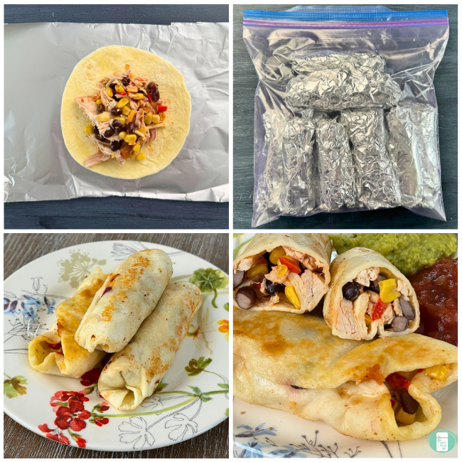 Photo collage with tortilla on foil with chicken, beans, corn, foil wrapped burritos in freezer bag, baked burritos on flower plate, cut burrito with chicken, corn and beans with guacamole and salsa.