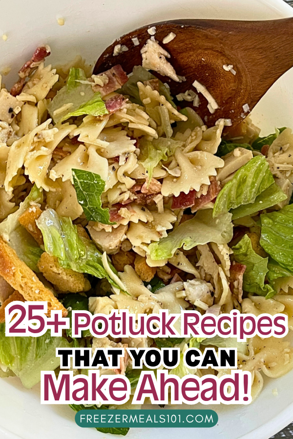 bowtie pasta, bits of bacon, croutons, cubed chicken, and lettuce in a bowl with wooden spoon