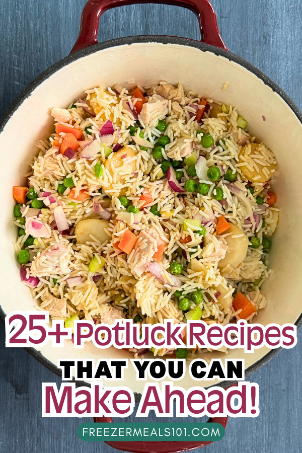 pot with rice, cubed chicken, water chestnuts, carrots, peas, and onions