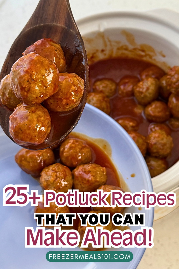 saucy meatballs being scooped out of a slow cooker onto a plate with a wooden spoon