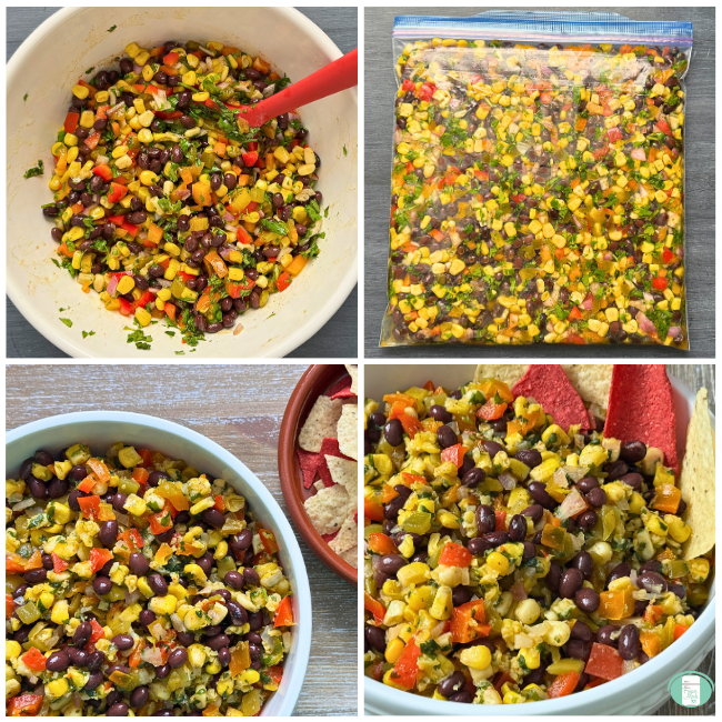 Photo collage of cowboy caviar in white bowl, in freezer bag, in white bowl with side of tortillas, in white bowl with tortillas in bowl. 