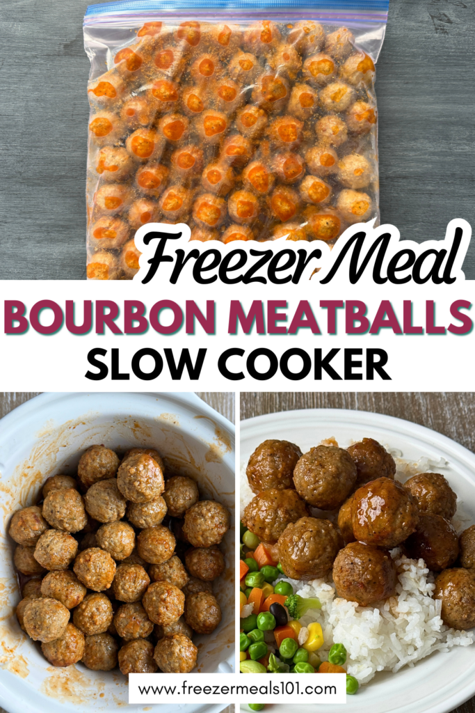 Image of a bourbon meatballs freezer meal in a ziploc bag the meatballs in a slow cooker and served in a bowl with rice and vegetables