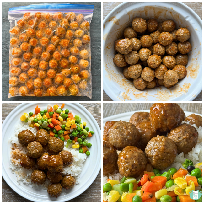 Four images showing the process of preparing and cooking honey bourbon meatball freezer meal: showing the meatballs in the ziploc, in the slow cooker, on a plate, and then close up