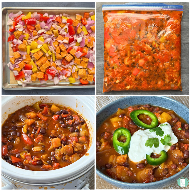 process of making roasted sweet potato chili for the freezer including roasting the vegetables on a pan, all ingredients in freezer bag, cooking in slow cooker, and served in a bowl with sour cream and jalapeños on top