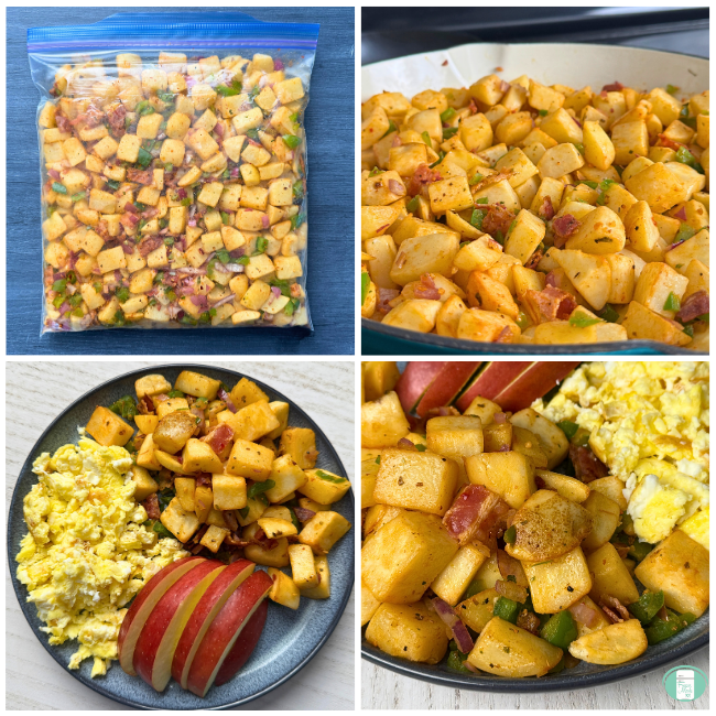 assembly, cooking, and serving images for freezer meal, prep-ahead breakfast hash recipe with image of the hash in a ziploc freezer bag, cooking in a pan, and served on a plate with scrambled eggs and apple slices