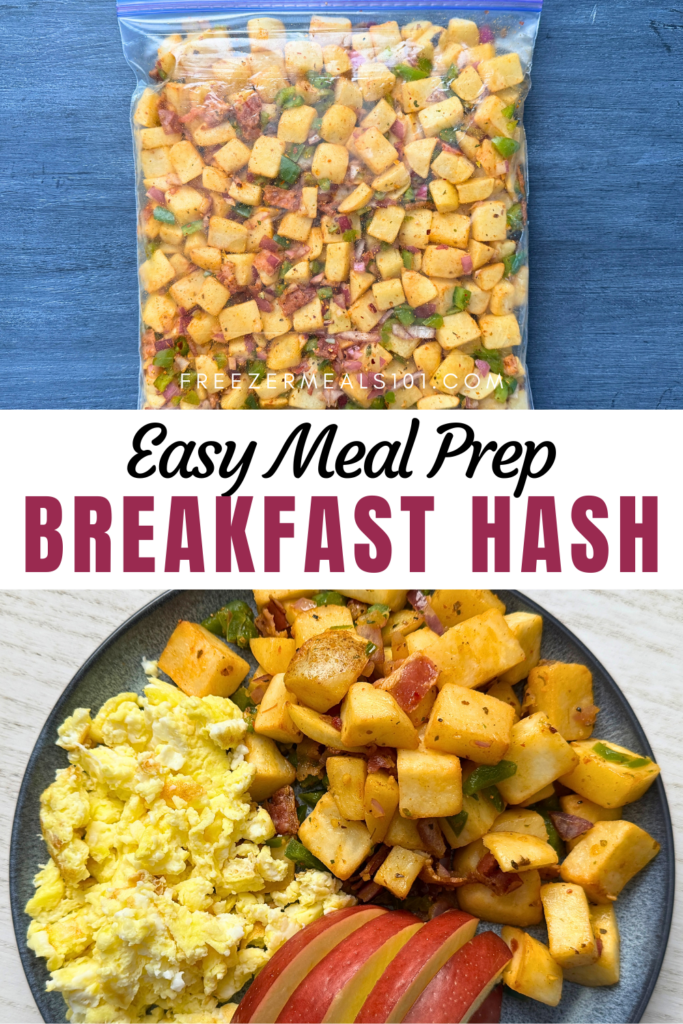 Image for easy meal prep breakfast hash with potatoes, bacon, onions, and peppers in a ziploc freezer bag, then on a plate with scrambled eggs and apples