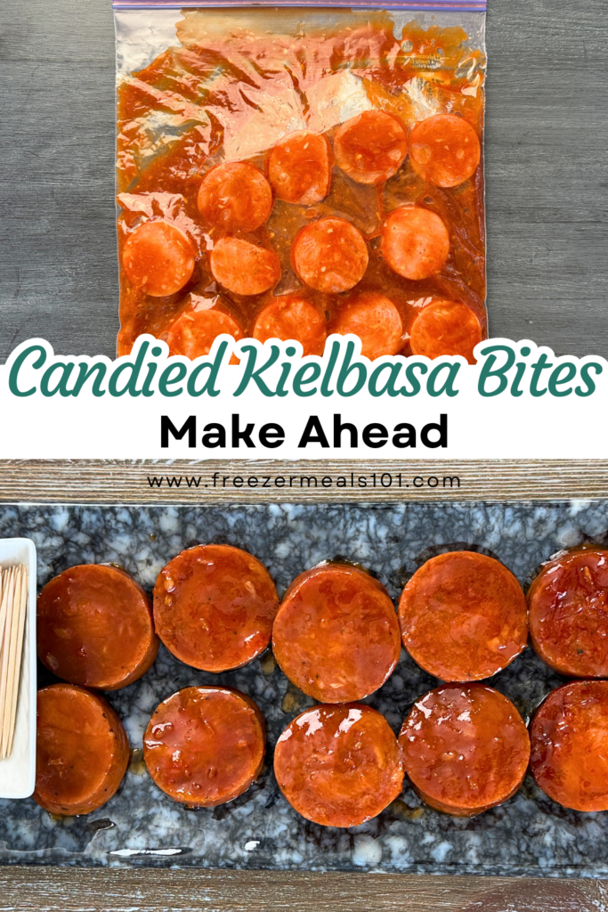 Photo showing make-ahead candied kielbasa bites being prepared in a ziploc for the freezer and served on a marble board with toothpicks