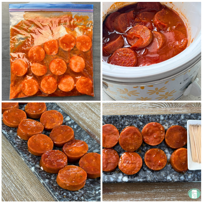 Process photos for candied kielbasa bites showing them prepared in ziploc for the freezer, cooking in their sauce in a crock pot, and served on a marble tray with toothpicks