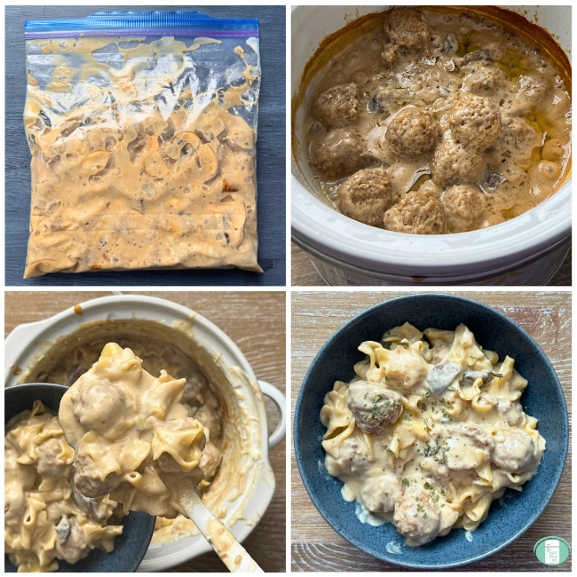 assembly, cooking, and serving process images for crock pot meatball stroganoff meal, from sitting in the ziploc bag, into the crockpot, final ingredients added, and the meal served over pasta in a bowl