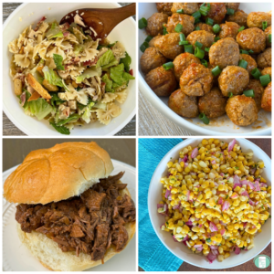 pasta salad, meatballs, bbq beef on a bun, and corn salad