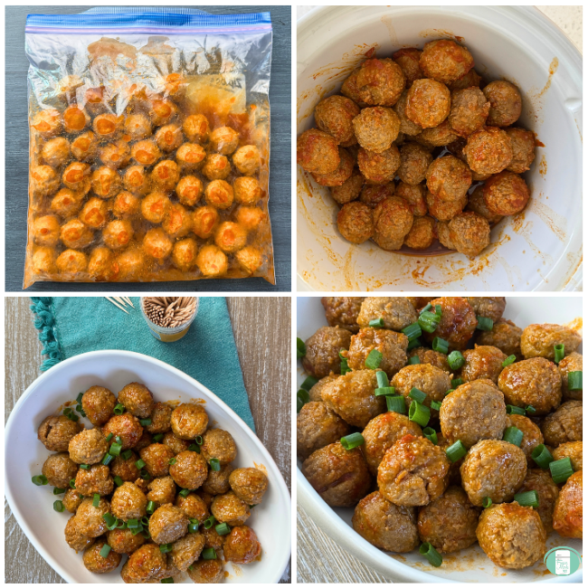 Process photos for freezer meal sweet and spicy meatballs, showing them in a ziploc bag ready to go in the freezer, cooking in the slow cooker, and served with green onions on top