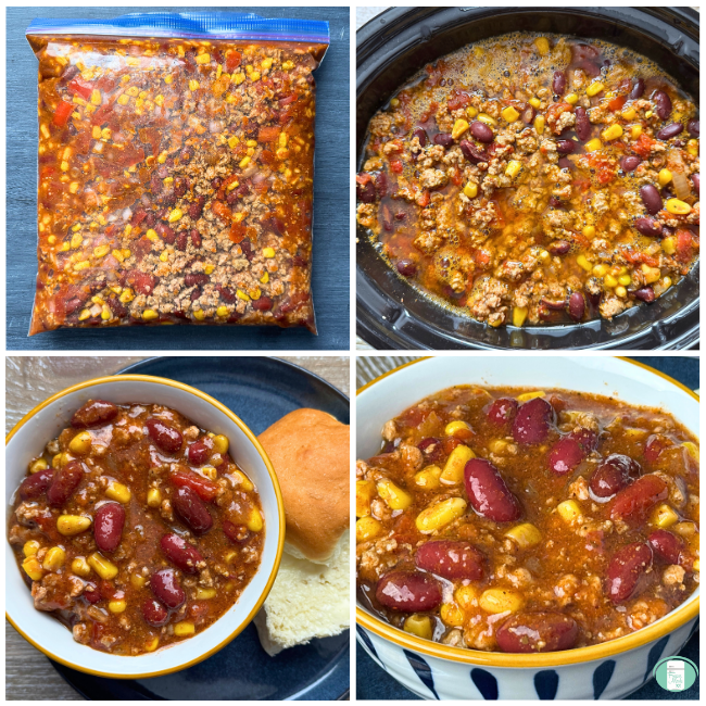 Process photos for a freezer meal turkey chili, showing the ingredients in a ziploc bag, cooking in a crock pot, and served in a bowl with a white bun on the side