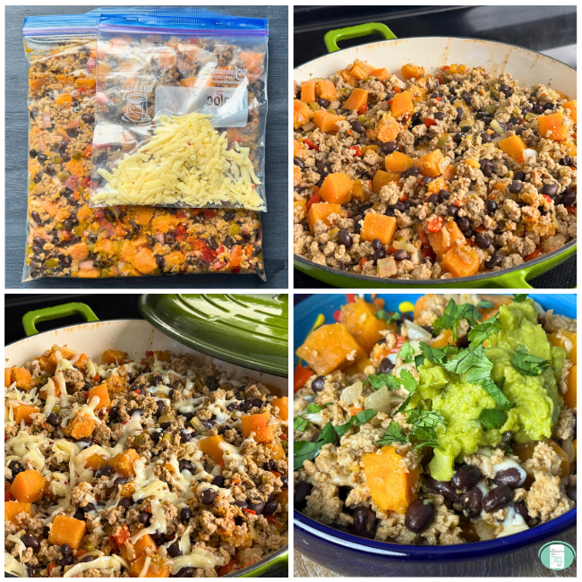 Process photos for turkey sweet potato skillet, showing the ingredients in a freezer ziploc, the skillet cooking in a dutch oven, the cheese melted on top, and the dish served with avocado and cilantro on top