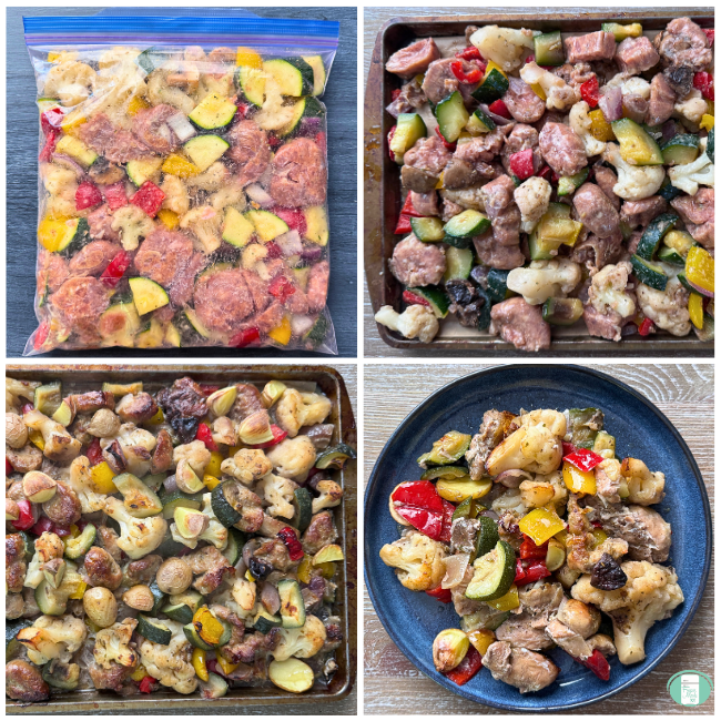 Process photos for a make ahead chicken sausage and vegetable sheet pan recipe, showing the ingredients in a freezer bag, then on a sheet pan, then served on a plate