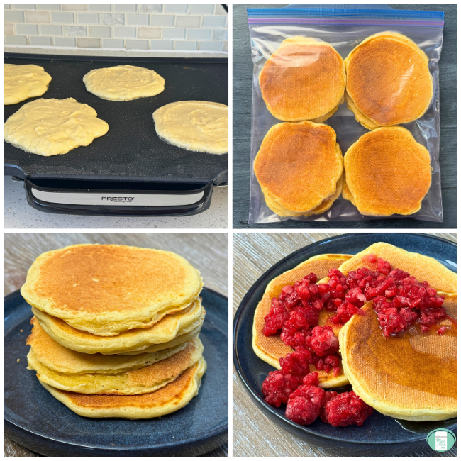 Process photos for freezer meal cottage cheese pancakes, showing the pancakes cooking on the griddle, then stacked in a ziploc bag ready to go in the freezer, then prepped on a plate, and then served with raspberries and maple syrup