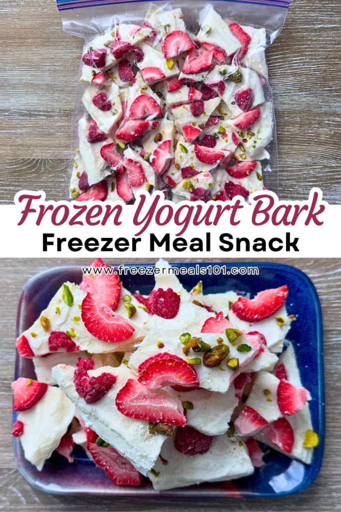 Frozen yogurt bark freezer meal snack broken up in a ziploc and then served on a plate, showing strawberries, raspberries, and pistachios frozen into yogurt