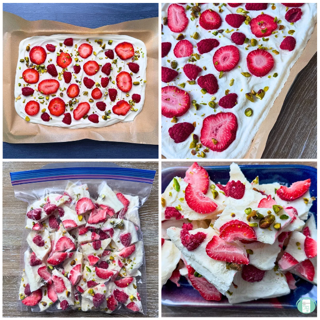Process photos for freezer meal snack frozen yogurt bark, with the initial freeze of the yogurt, strawberries, raspberries, and pistachios, then broken up in the ziploc, then served on a blue plate