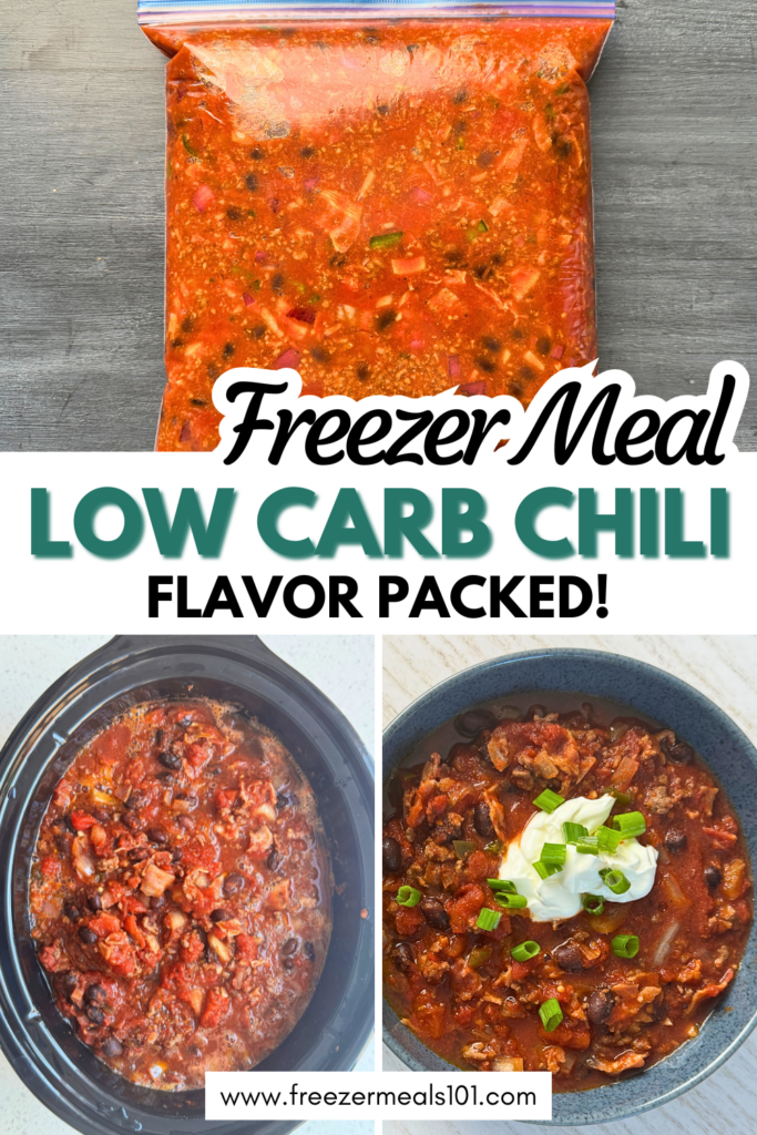 Low carb chili freezer meal in a ziploc bag ready for the freezer, cooking in a crock pot, and served in a bowl with a dollop of sour cream and a sprinkle of green onions