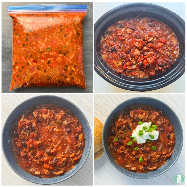Process photos for freezer meal low carb chili showing the chili prepped in a ziploc, then cooking in a slow cooker, then served with and without sour cream and green onions on top