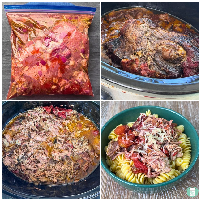 Process photos for make ahead pork roast ragu, showing it ready to freeze in a ziploc bag, then cooking in the crock pot, then shredded in the crock pot, then served over rice with parmesan on top