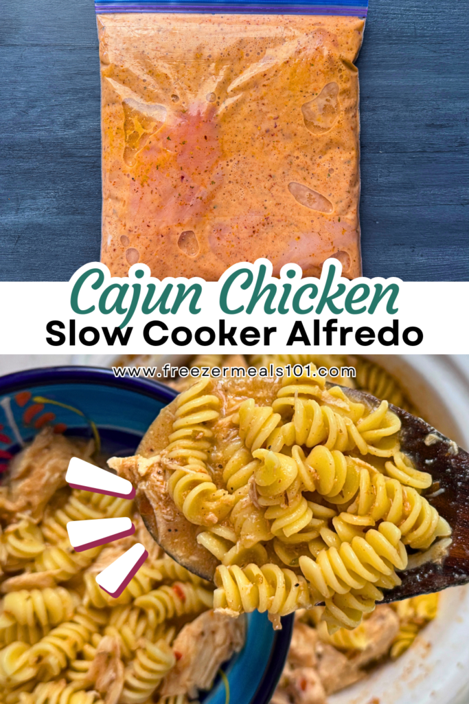 Freezer meal cajun chicken slow cooker alfredo in a ziploc bag, showing chicken and a well seasoned orange sauce and then pasta covered in the sauce, scooped in wooden spoon with a bowl of the meal in the background