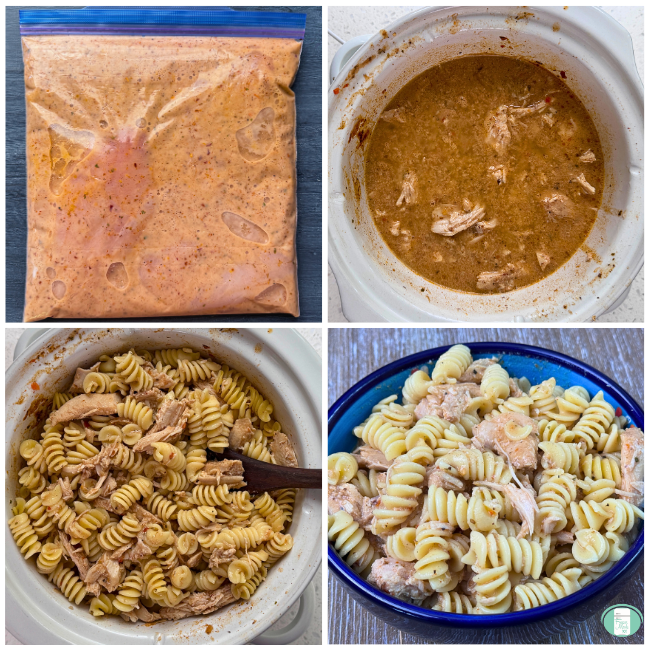 Process photos for slow cooker cajun chicken alfredo, from the meal prepped in a ziploc bag for the freezer, then cooking in the slow cooker, then with the pasta mixed in, and lastly served in a blue bowl