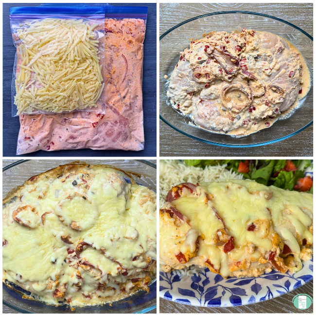 Process photos for freezer meal smothered chicken bake, showing the ziploc bags of the meal ready to freeze, then the chicken and sauce dumped into a cooking dish, then the cheese melted on top, and then the bake served with rice and salad