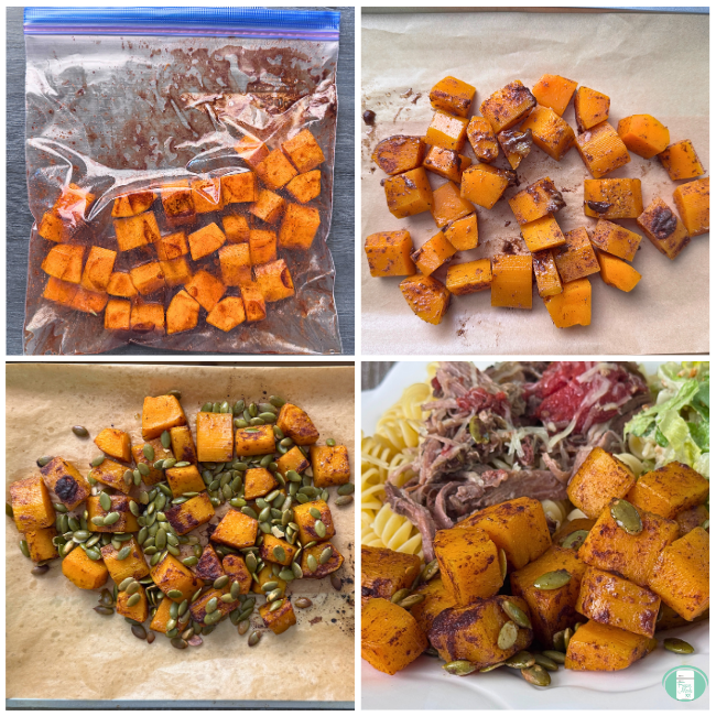 Process photos for freezer meal sweet roasted butternut squash, showing the squash cubed in a ziploc bag, then on the sheet pan for baking, then straight out of the oven, then served with salad, meat, and pasta