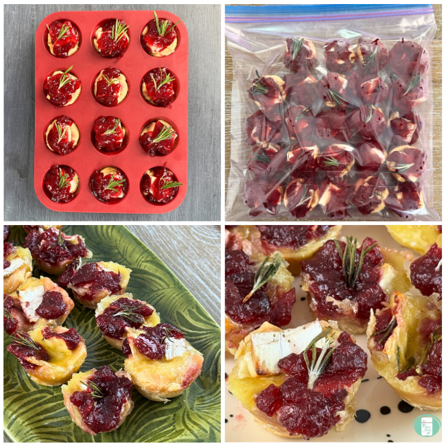 Process photos for make-ahead cranberry brie bites showing them in a muffin pan, in a ziploc bag, then served for guests
