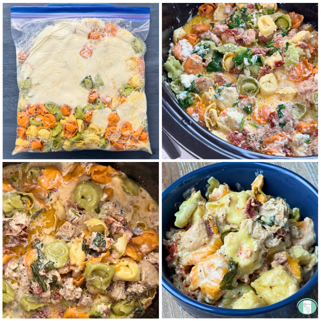 Process photos for crockpot tuscan chicken tortellini freezer meal, showing the ingredients in a bag, then cooking in the slow cooker, then served in a blue bowl