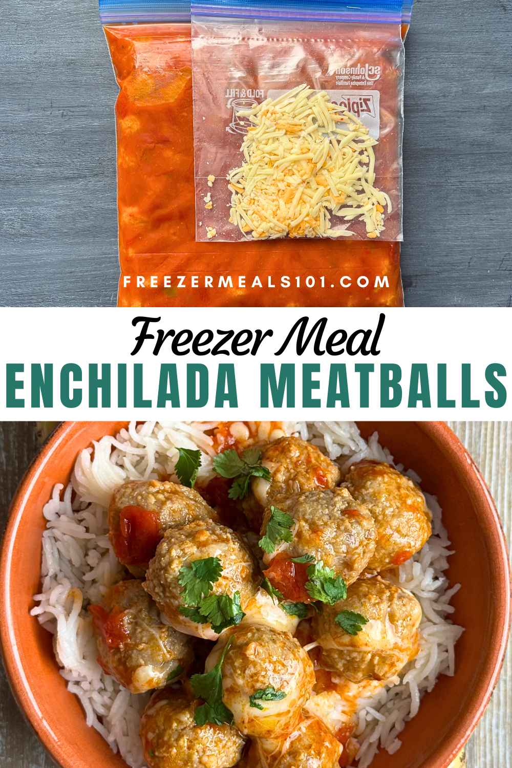 Freezer meal enchilada meatballs prepped in ziploc bags to freeze and then served over rice